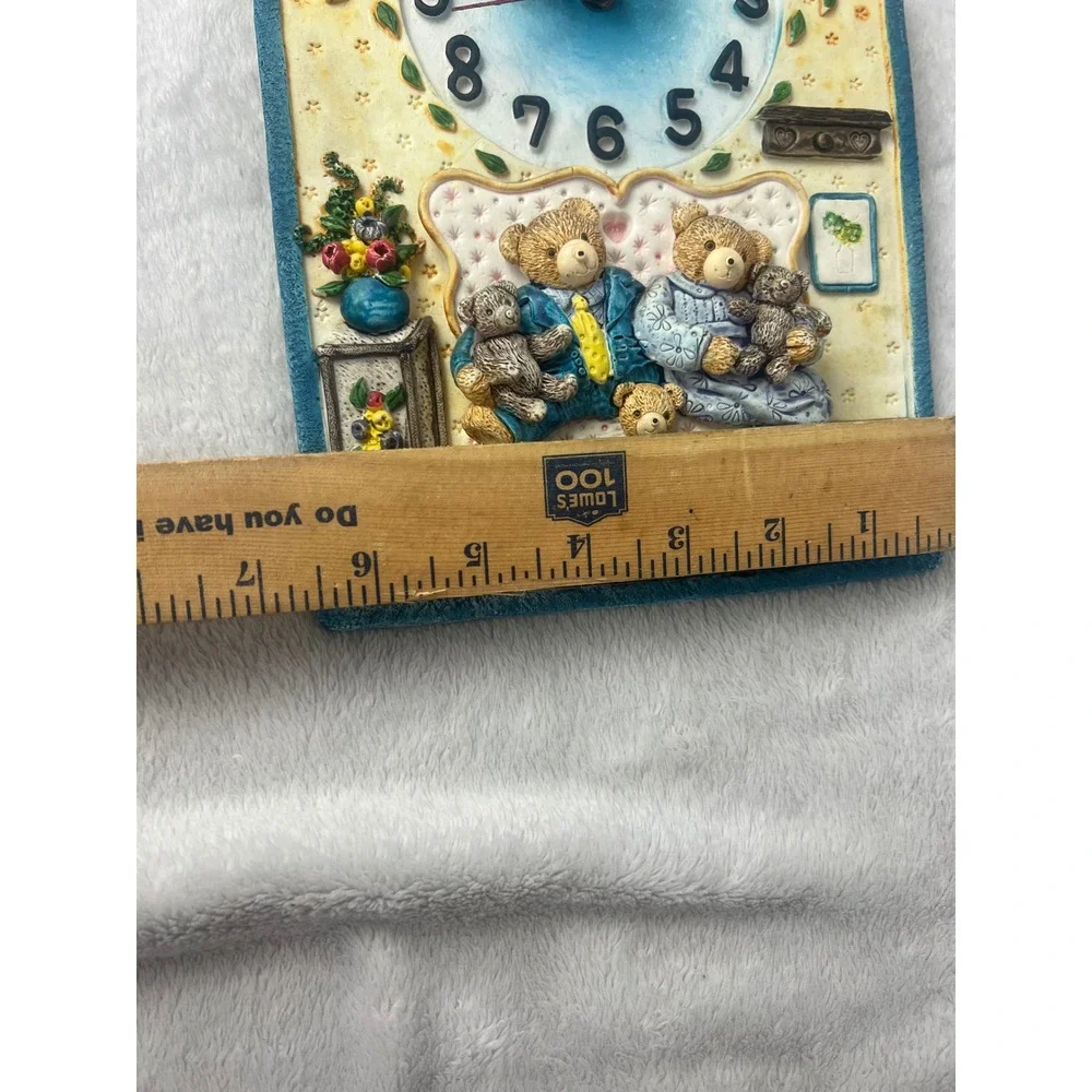 Vintage Teddy Bear‎ Family 3D Resin Wall Clock Nursery Decor Blue Cream 8x6